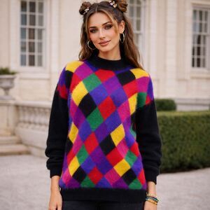 VTG 80s 90s Argyle Sweater Womens L Lambswool Angora Harlequin Black Colorful